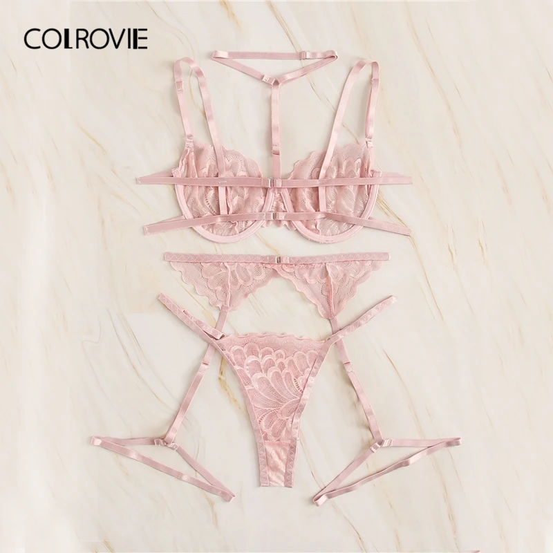 COLROVIE розовый цветочный кружевной подвязка комплект нижнего белья с чокером Женский нижнее белье на косточках прозрачный бюстгальтер и стринги женские сексуальные наборы