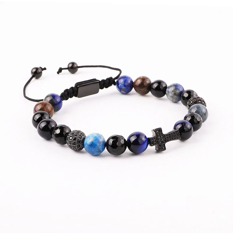High Quality CZ Pave Cross Charm Natural Stone Black Agate Tiger Eye Bronze Stone Beaded Custom Macrame Bracelet Men Women - Image 3
