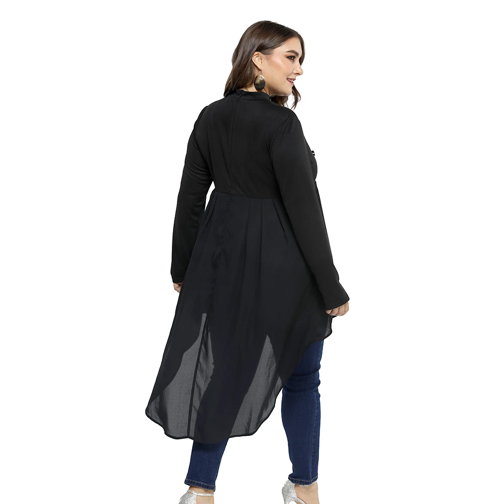 Черная двубортная женская блузка, повседневные блузки с передним краем и стоячим воротником, с двумя пуговицами, простой топ размера плюс D30