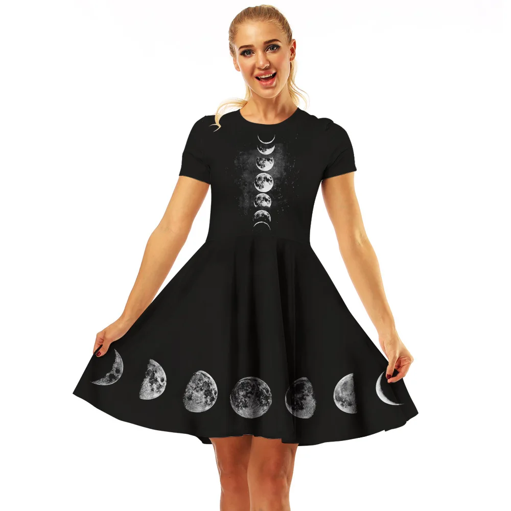 TMWEVN Digital Printed O-neck Pleated Dress Short Sleeve | Женская одежда