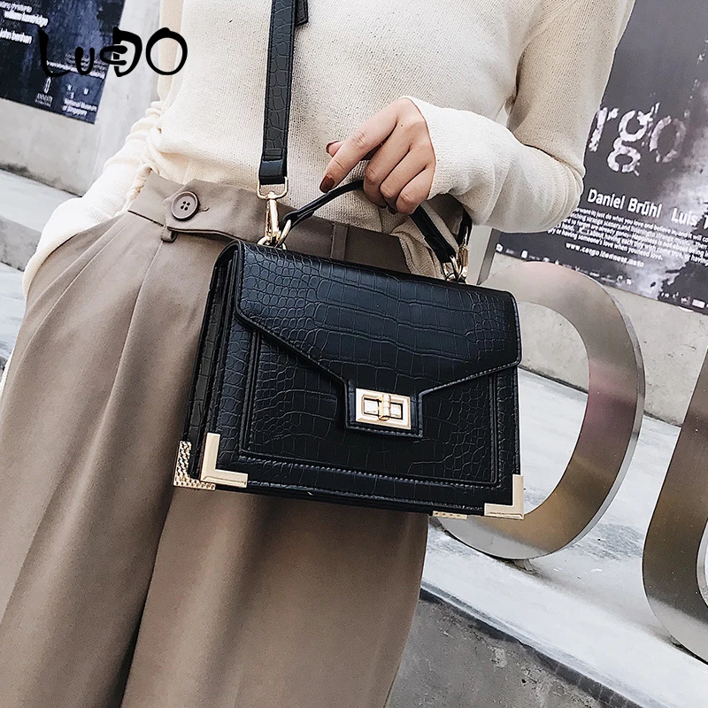 

LUCDO Luxury Handbags With Lock Designer Leather Crossbody Bags For Women 2020 Crocodile Pattern Female Shoulder Messenger Bags
