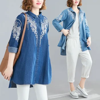 

BIG SIZE Spring Autumn Women Fashion Elegant Embroidery Tops Female Ladies Plus Large Long Sleeve Loose Jean Blouse Shirt Blusas