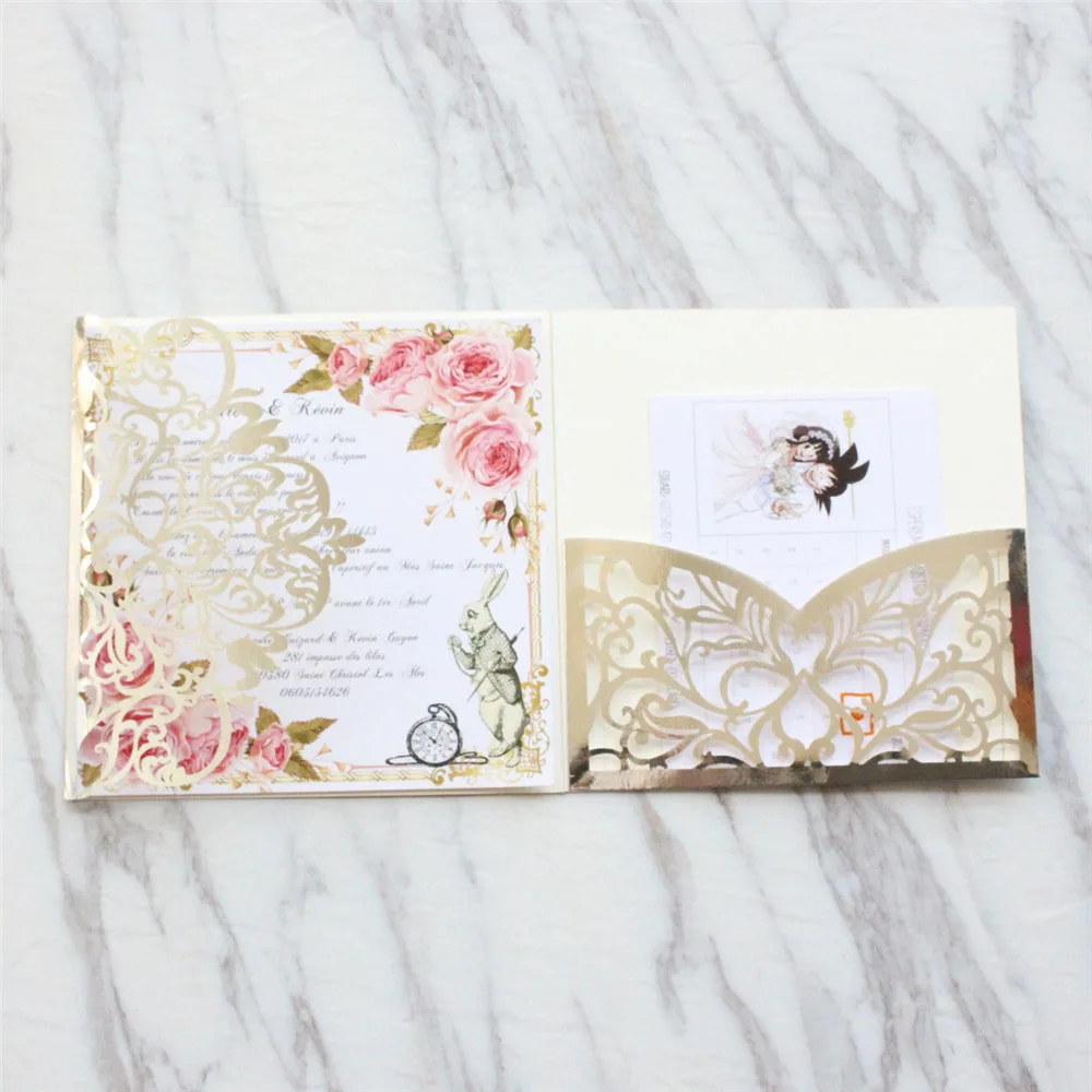 

Elegant Metallic Silver Gold Invitation Marriage Baby Party Tri-Fold Pocket Personalized Invite RSVP Printing 50 Pieces