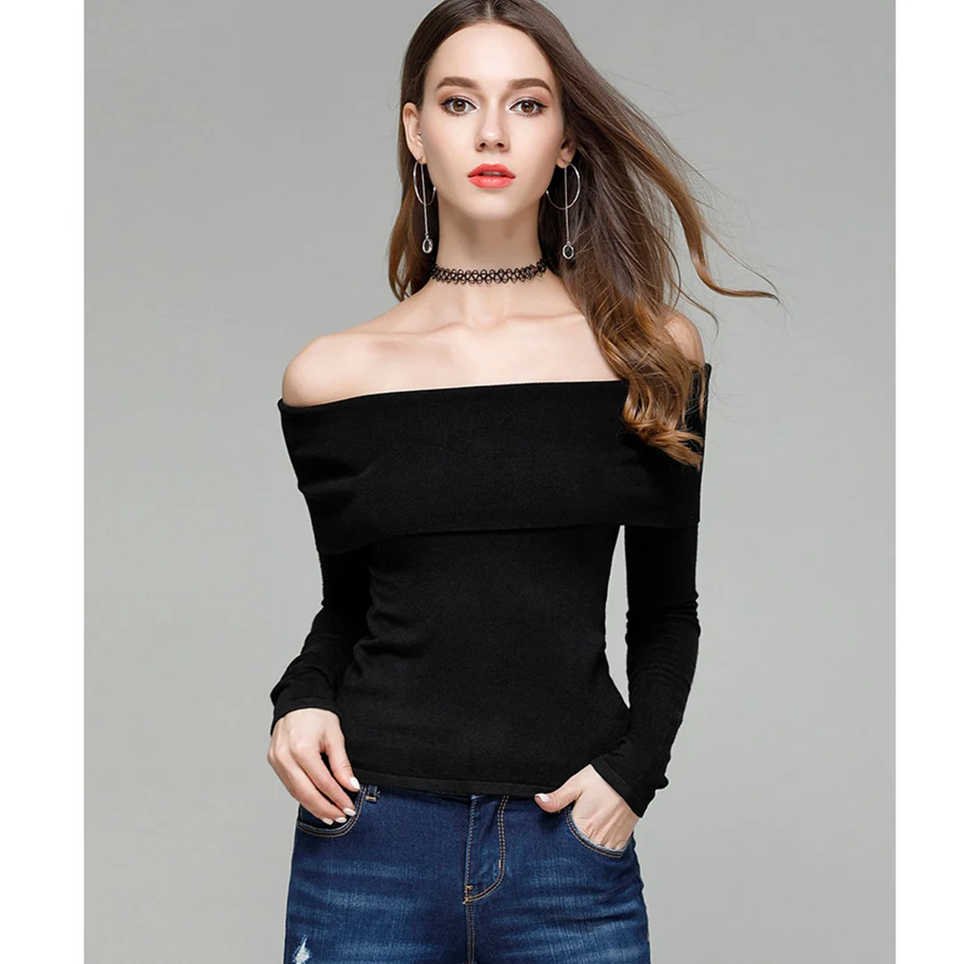 CESIUM Women Sexy Slash Neck Skinny Sweater Virgin Killer Knitted Black Pullover Casual Long Sleeve Solid Color Sweaters Tops | Женская