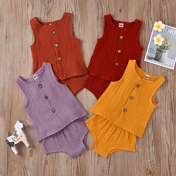 

2020 New Baby Boys Clothing Sets Sleeveless Button Vest Solid Color Shorts Baby Boys Girls Clothes Summer Newborn Baby Outfit