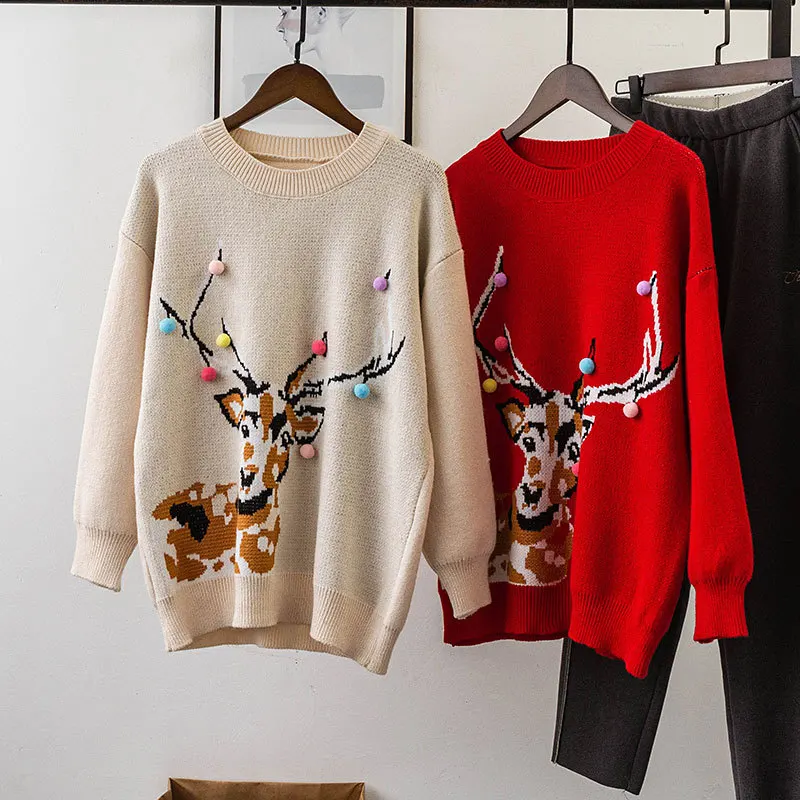 2019 женский Рождественский свитер и пуловеры Новогодняя одежда с круглым вырезом