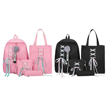 

LJL-4Pcs/Set Ribbon Chain Bowknot Letter Canvas Backpack Travel Rucksacks Leisure Backpacks For Teenage Girls School Bagpack