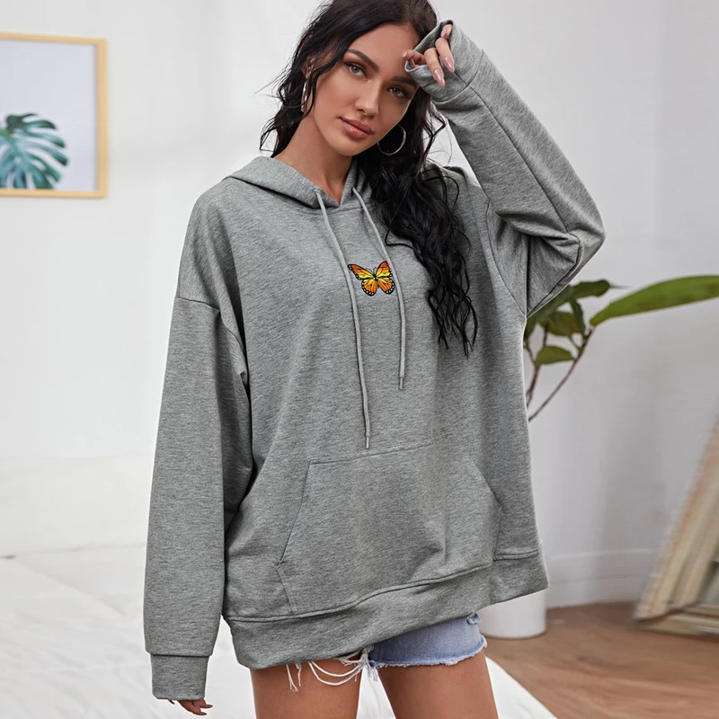 

Autumn Winter Women Fashion Butterfly Pattern Drawstring Hoodies Ladies Casual Loose Pocket Sweatshirts Pullover