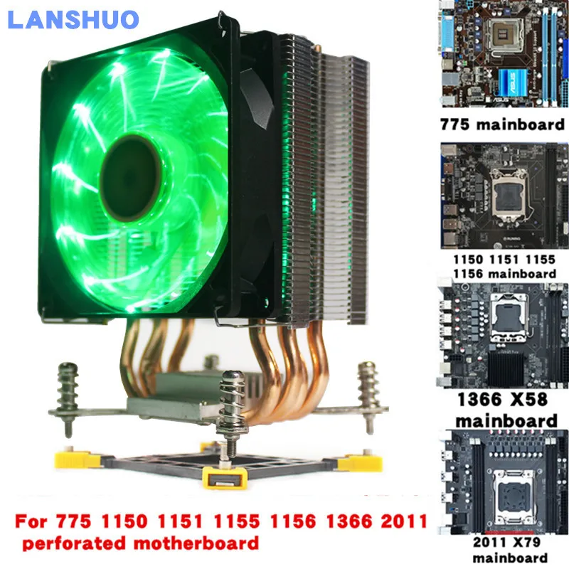 3/4PIN RGB светодиодный Процессор кулер 4-Heatpipe 12V 9 см охлаждения радиатора для LGA 775 1150 1151 1155 1156X58 1366X79 2011 - Цвет лезвия: Green