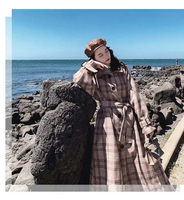 Шерстяное пальто в клетку для фотосессии, женское, средней длины, зима, стиль, корейский стиль, свободный крой, талия, на шнуровке, шерстяное