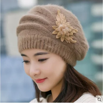 

Winter Flower Crochet Beanies Caps Ladies Female Thick Skullies Beret Hat Elegant Women Knitted Hat Rabbit Fur Berets Cap Autumn