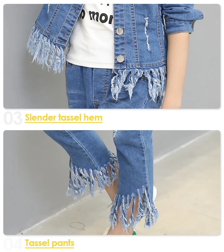 Fashion Tassel Design 2 Piece 3 Year Old Girl Outfits Long Sleeve Denim Girls Fall Clothing Sets