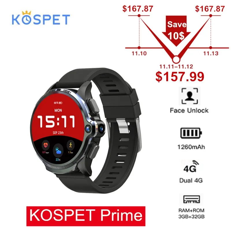 

KOSPET Prime 4G Smart Watch Phone 3GB 32GB 1.6'' Sports Smartwatch with Dual Cameras GPS 1260mAh Battery Face ID Unlock for Men