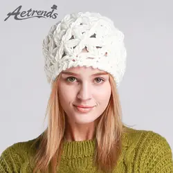 [AETRENDS] цветочные сетчатые вязаные шапки бини для женщин зимняя шапка бини белый черный цвет на выбор Z-3078