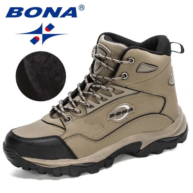 BONA 2020 New Arrival Ankle Boots Nubuck Leather Tactical Shoes Men Plush Anti-Skidding Classical Walking Footwear Masculino Medium grey black