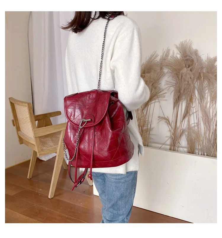 Women's Fashion Soft Leather Backpack With Chain Female Large Capacity Geometric Backpack Purse Girls Travel Bags Black Wine red (10)