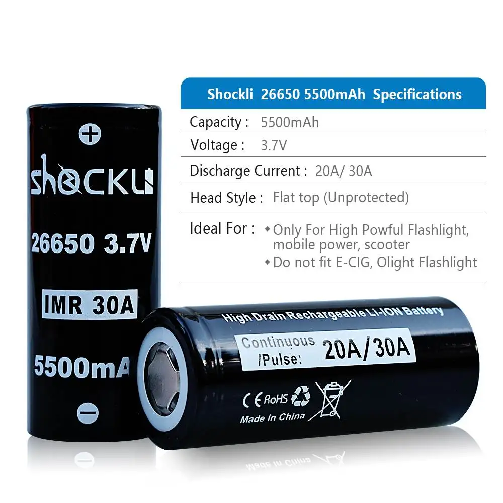 2 шт 3,7 V Shockli IMR 26650 аккумулятор 5500mah 30A литий-ионная аккумуляторная батарея с плоским верхом чехол для фонарика
