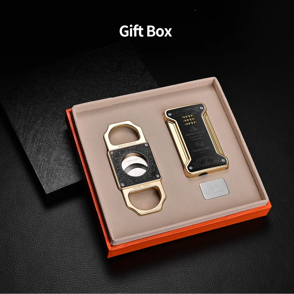 CIGARLOONG Gold Cigar Cutter & Lighter Set - Guillotine Cutter With Retro Design