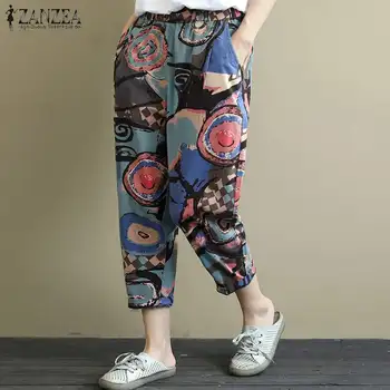 

Printed Harem Pants Women's Casual Trouser ZANZEA 2020 Vintage Autumn Elastic Waist Long Pantalon Female Cotton Turnip Plus Size