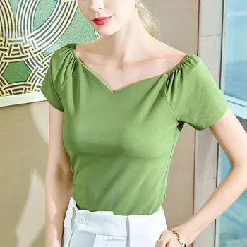 

One-shoulder tops women 2020 summer new small shirt cherries red sexy exposed clavicle solid color short-sleeved t-shirt Red