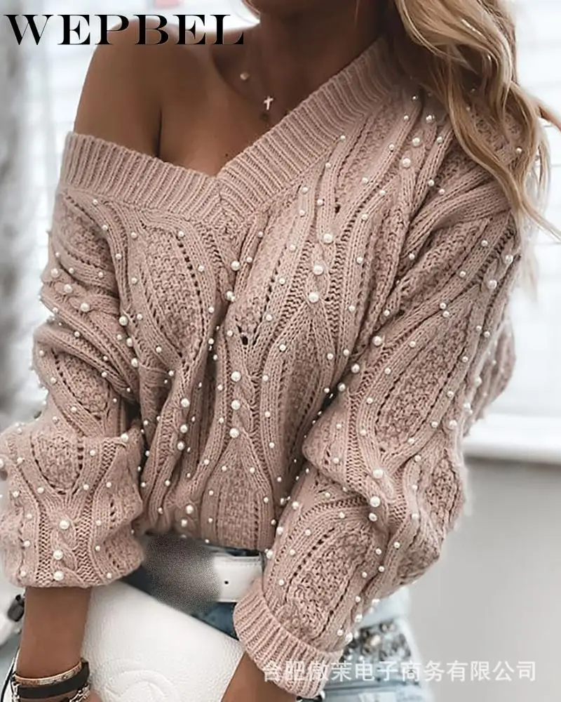 

WEPBEL Women's Solid Color V-neck Beading Knitted Sweater Autumn Winter Long-Sleeved Off-Shoulder Loose Pullovers Sweater