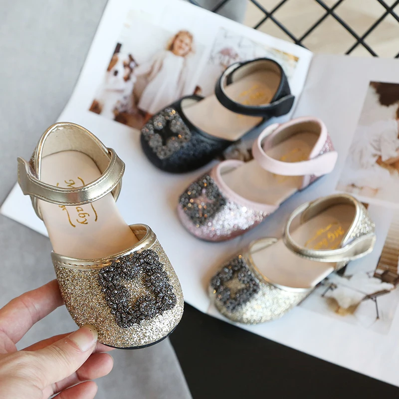 CYSINCOS 2020 Spring Kids Princess Leather Shoes For Girls Children Wedding Shoes Square Buckle Sequins Baby Girls Sandals
