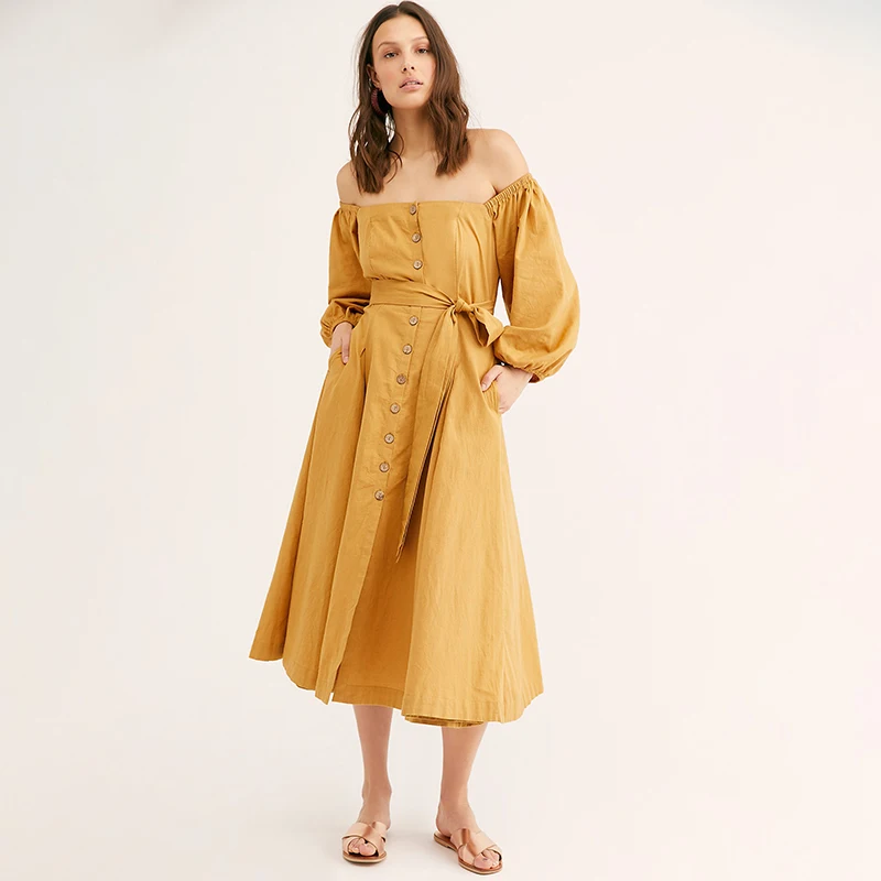 

Jastie Women Dress Solid Color Casual A-Line Dresses Button Front 3/4 Sleeve Autumn Dress off-the-shoulder Sexy Party Dresses