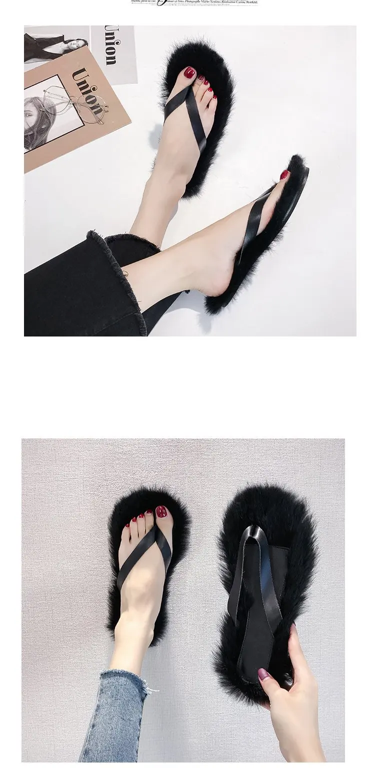 Модные тапочки их меха под кролика на плоской подошве; меховые тапочки; Zapatos De Mujer Ins; шлепанцы; женские Тапочки