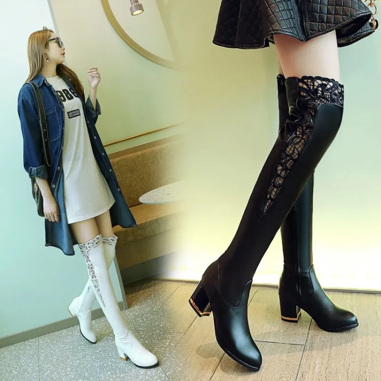 Большие размеры 33-46, женские ботфорты из Pu искусственной кожи обувь с круглым носком женские сапоги на высоком каблуке со шнуровкой обувь на молнии женская зимняя обувь г. MAZIAO