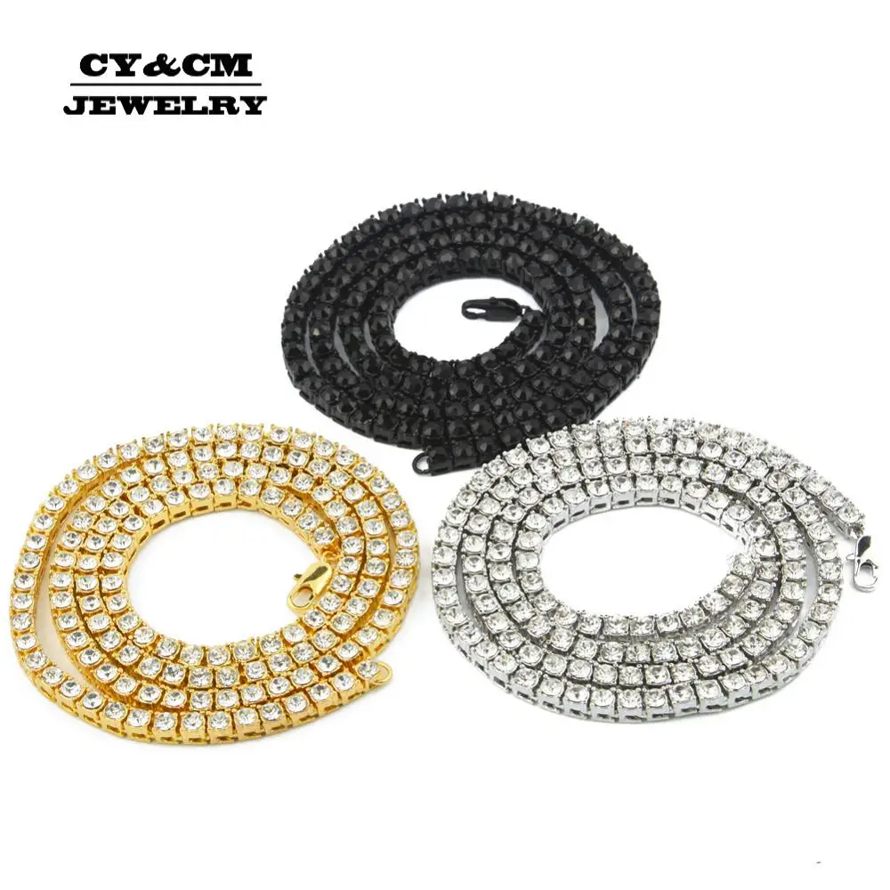 

Mens Hip Hop Gold Silver Plated 1 Row 5mm Rhinestone Tennis Link Bling Jewelry Iced Out Necklace Choker Long Chain CZ Necklaces