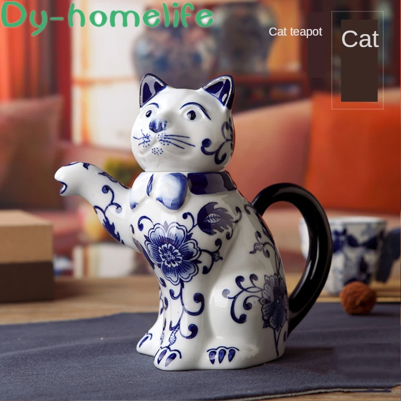 

Chinese Style Blue and White Porcelain Lucky Cat Ceramic Teapot Household Juice Pot Coffee Pot Water Japanese Decoration