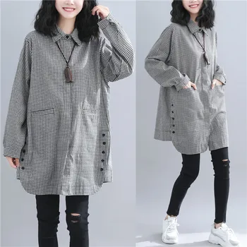 

[EWQ] 2020 Spring Summer New Arrivals Turn-down Collar Full Sleeve Pockets Plaid Pattern Women Casual Shirt Loose AW58701XL