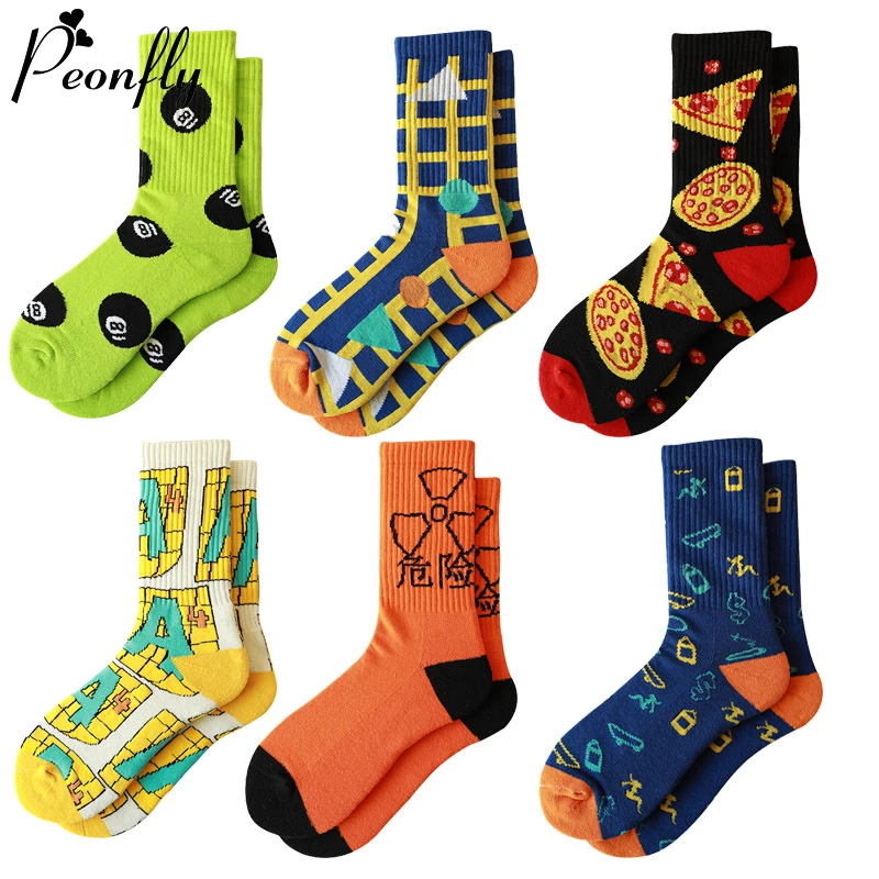 

PEONFLY New 2020 Spring Women's Happy Socks Funny Pizza Letter Pattern Calcetines Casual Harajuku Hip Hop Cotton Socks Men