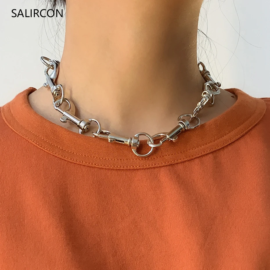 

Salircon Hip Hop Silver Color Clavicle Chain Short Necklace Goth Lobster Claw Chain Geometric Choker Necklace Punk Men Jewelry