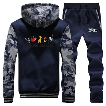 

HAKUNA MATATA Print Hooded Winter 2019 Raglan Men Camouflage Streetwear Coat Thick The Lion King Suit Hoodie+Pants 2 Piece Set
