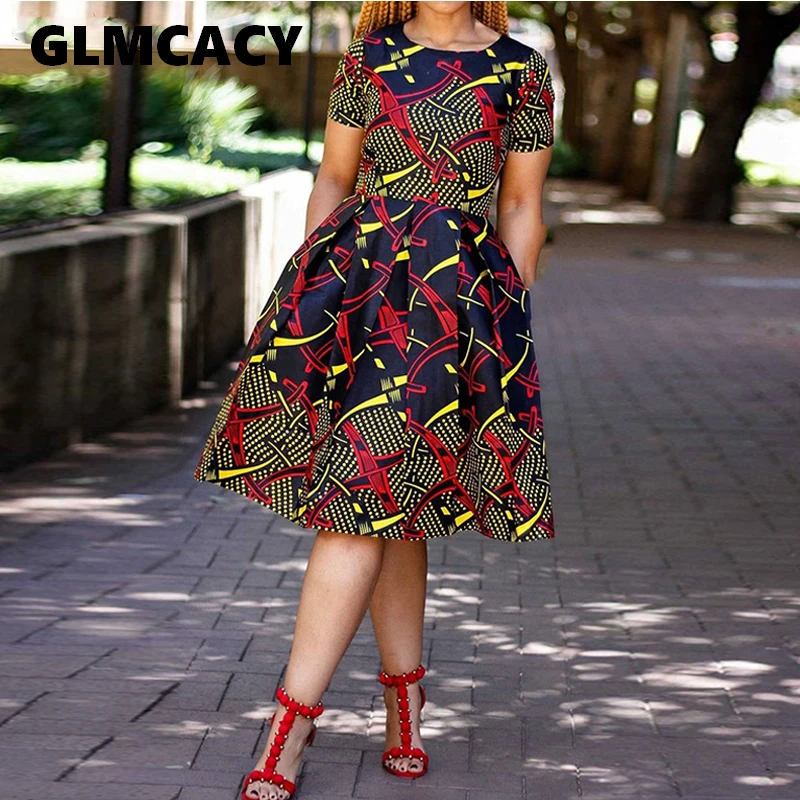 

Women Plus Size Mid-calf Printed Short Sleeve Expansion Standard-waist Bodycon Party Dress Streetwear O-Neck Knee-Length Dress