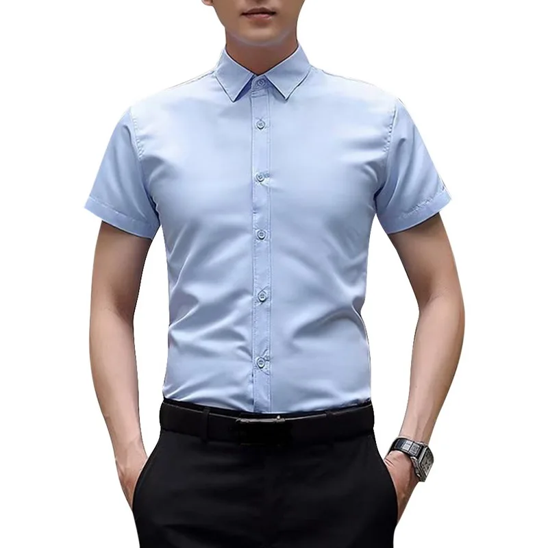 light blue short Oeak Весенняя Мужская Базовая деловая рубашка с длинным рукавом, однотонные тонкие мужские рубашки в Корейском стиле, приталенная рубашка, топы, белая мужская рубашка - Цвет: light blue short