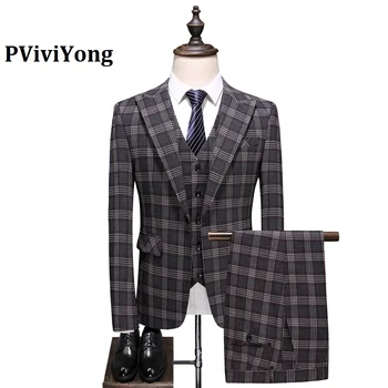 

PViviYong brand 2020 high quality suit men banquet Gray grid slim Business Suit Three-piece (Jackets + Vest + Pants) 6723