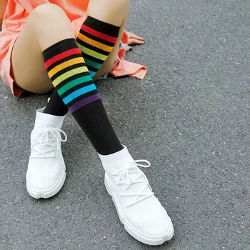 

2020 new trendy knee-length female rainbow socks college style half-legged pile socks calf casual cute tube socks key recommenda