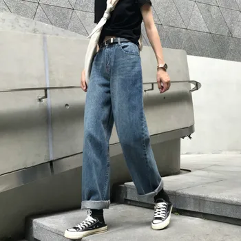 

High Waist Women Wide Leg Pants Vintage Blue Loose Casual Street 2019 Autumn Jeans Fashion Trousers