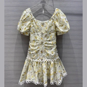 

Brand Fashion Women High-end Luxury Summer Elegant Stitching Hollow Embroidery Printed Puff Sleeve Ruffled Short sleeve Dress