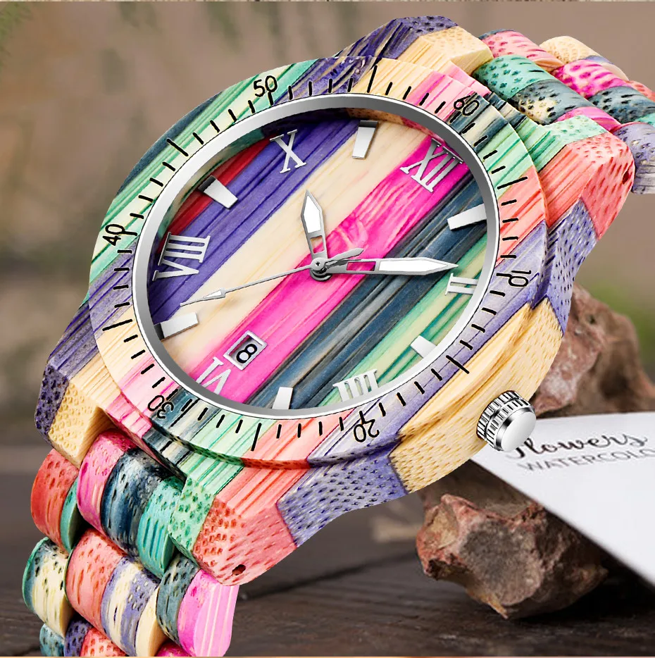 

Luxury Colorful Wood Watch Couples' Quartz Full Bamboo Wooden Clock Female Fashion Candy Color Bracelet Lady Wrist Watches