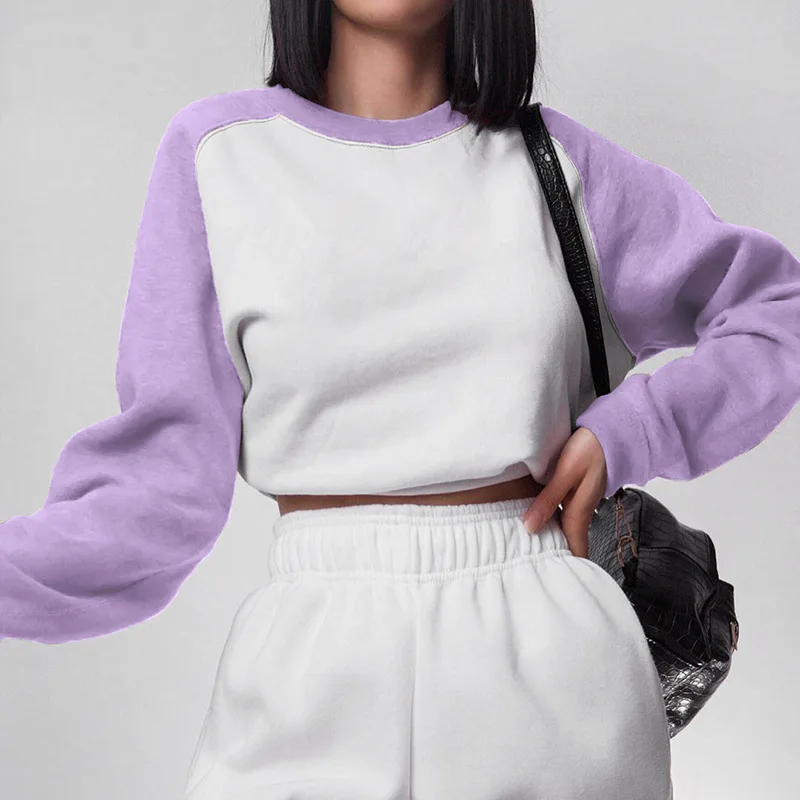 

Paris Girl Casual Patchwork Long Sleeve SweaterShirt Pullover Fashion Crewneck Hoodies Women 35% Cotton Autumn Winter Crop Top