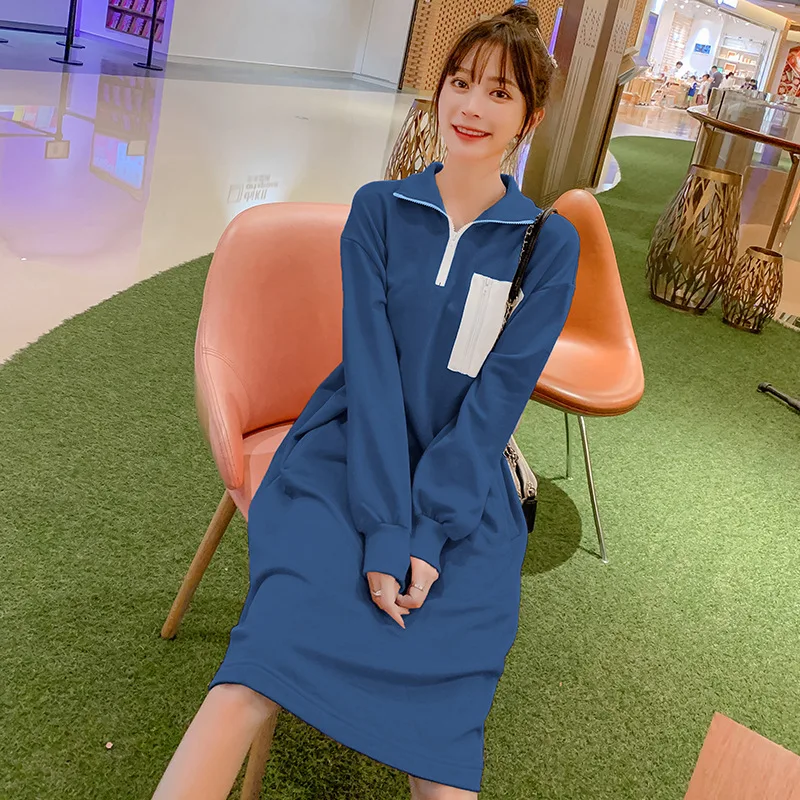 

Pregnant Women Hoodie Winter Thick plus Velvet Loose-Fit Mid-length Waist Hugging Dress Autumn And Winter High Collar Warm Mater