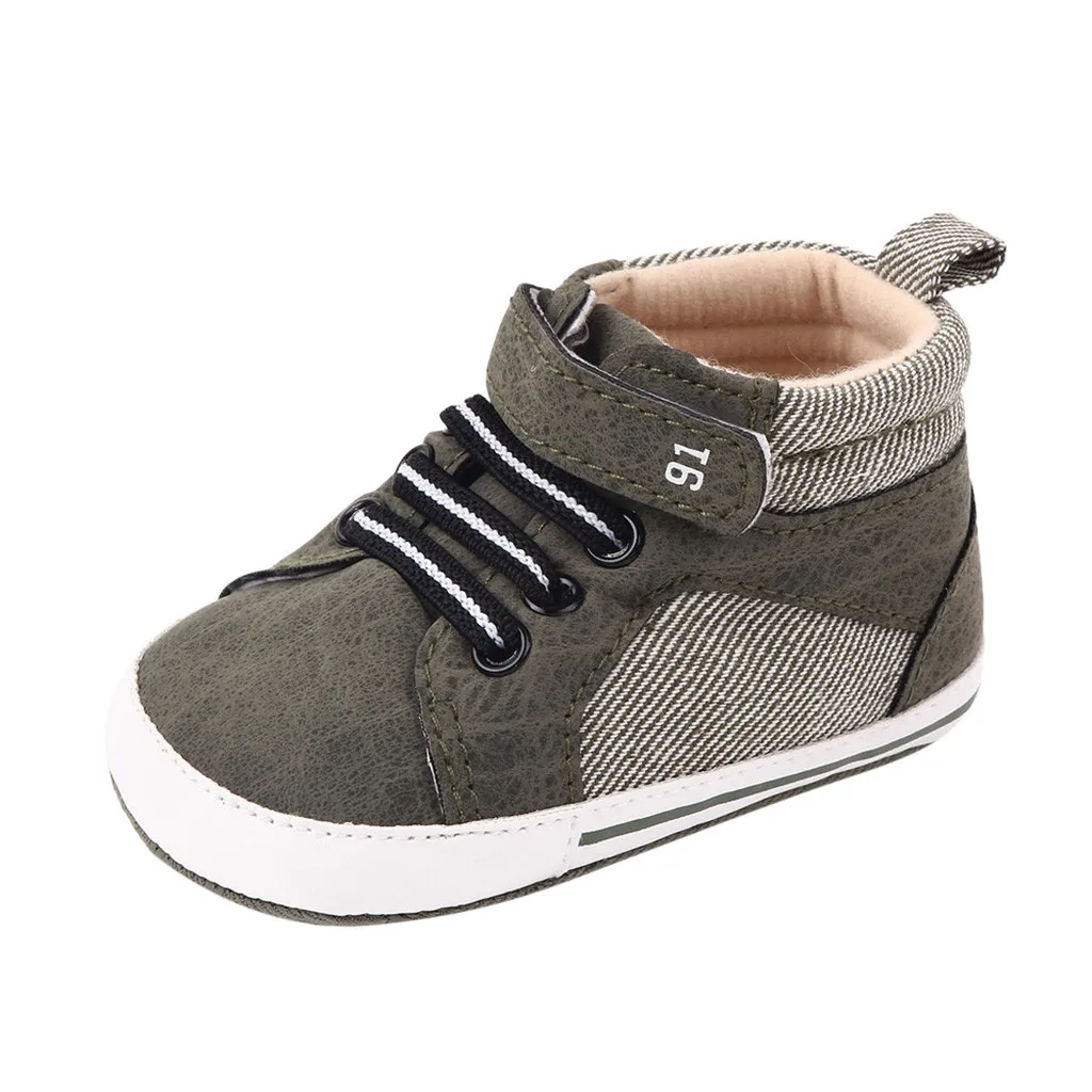 Обувь для маленьких мальчиков и девочек; повседневная спортивная обувь из искусственной кожи для новорожденных; обувь для первых шагов 0-15 месяцев; с принтом; нескользящая обувь на шнуровке; мягкие кроссовки