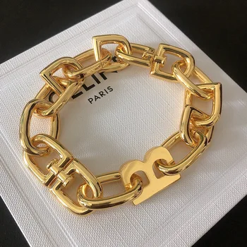 

European and American Retro Thick Chain Bracelet Ins Non-Mainstream BB Lettered Hand Jewelry Brass Electroplated Gold Ornament