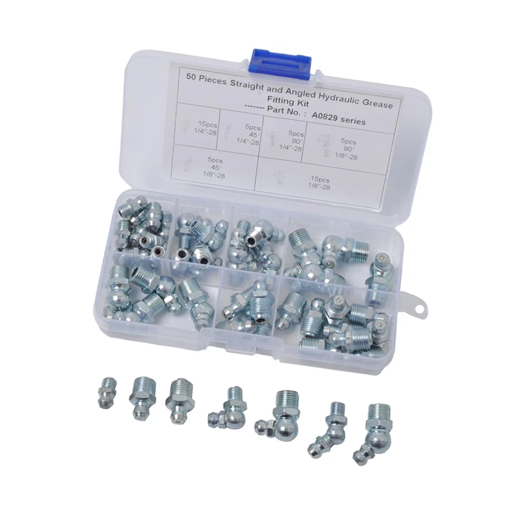 50pcs 1/4'' 1/8'' Hydraulic Grease Zerk Fitting SAE Kit for Machinery, Automobile, Bearing Seat, Joint, Marine Equipment