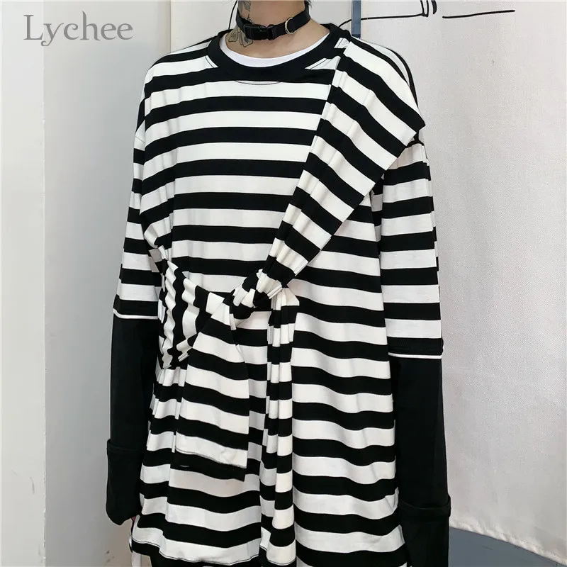 

Lychee Harajuku Patchwork Black and White Stripe Women T Shirt Autumn Tie Fake 2 Pieces Lady T-shirts Color Block Women T-shirt
