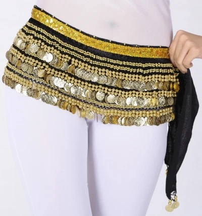 Multi-Rows Gold Coin Beads Belly Dance Skirt Wrap Gift Idea Dance Shows Party Night Out Shining Velvet Hip Scarf Skirt Dancewear - Цвет: black plus gold