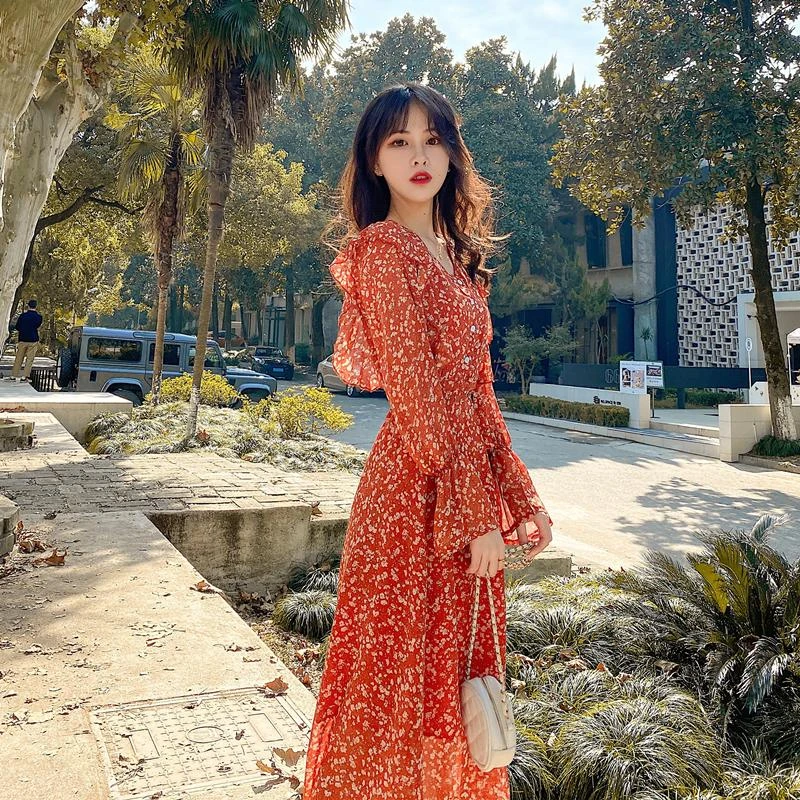 Deivor vestido rojo retro de gasa con flores, vestido largo coreano de pétalo|Vestidos| - AliExpress